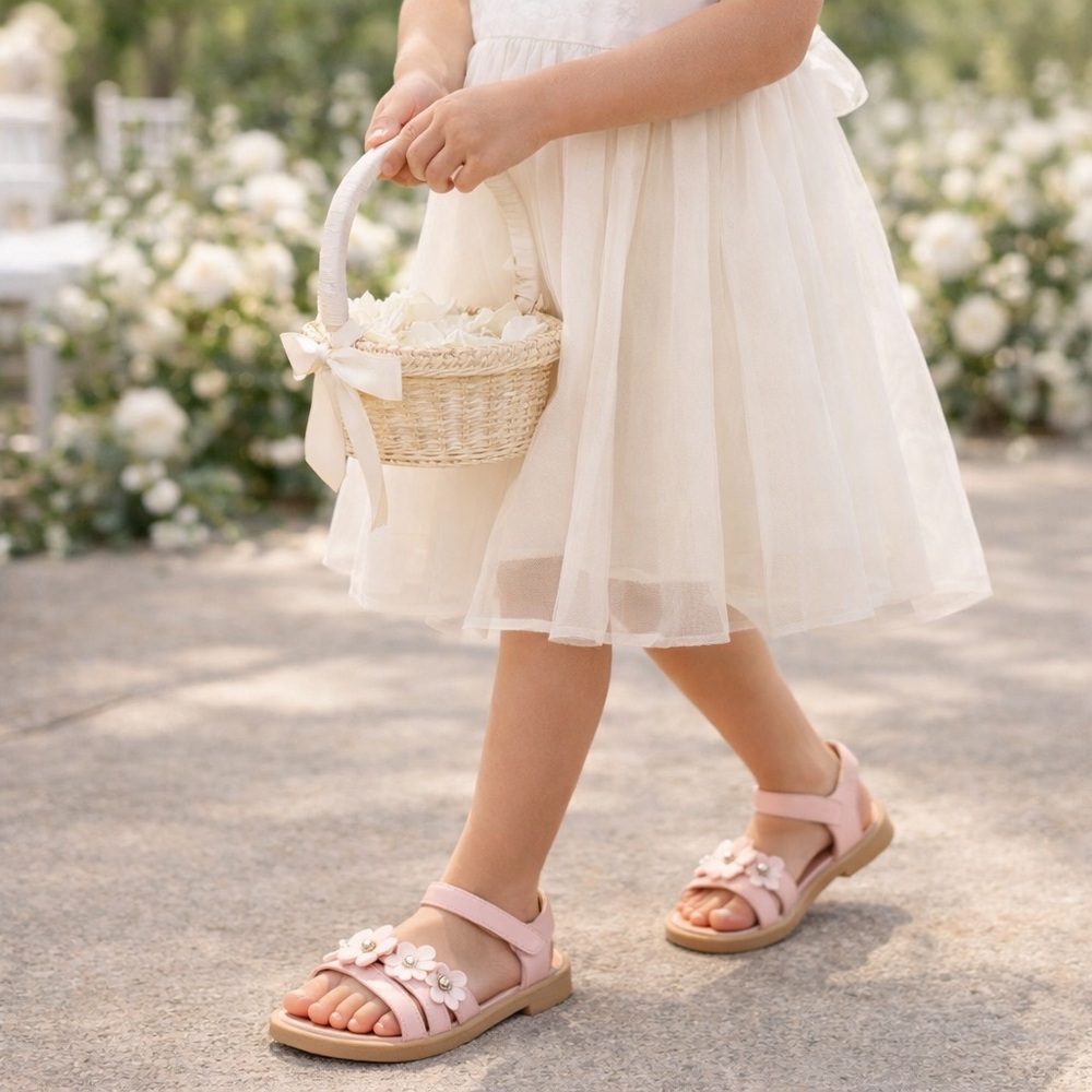 Flower Girl Pink Sandals Size 2 Floral‎ Dressy Wedding Shoes Kids